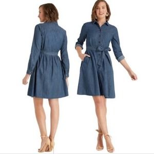 Draper James New Medium Wash Chambray Button Up Tie Belt Mini Shirt Dress